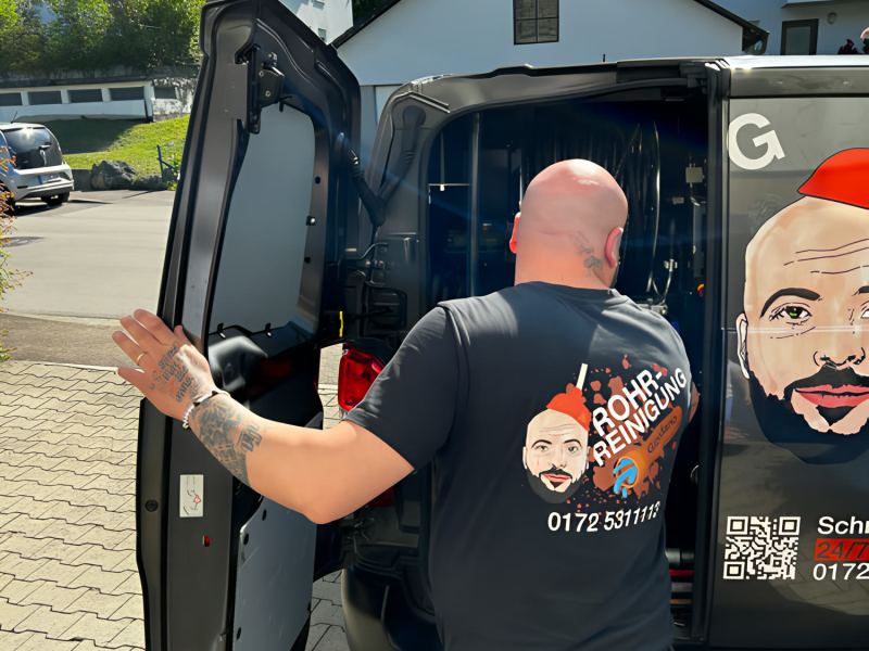 Rohrreiniger holt Ausrüstung aus dem Einsatzfahrzeug