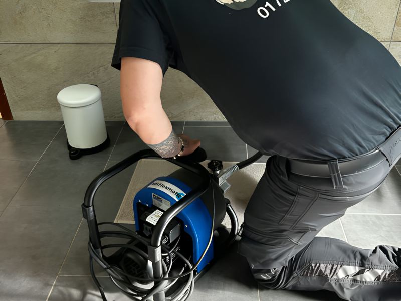 Rohrreiniger arbeitet mit Spiralmaschine am Bodenablauf