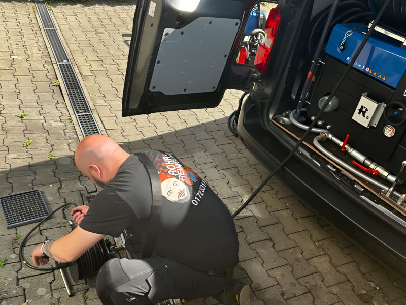 Rohrreiniger an einer Hofentwässerung neben dem Fahrzeug